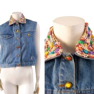 Vintage JouJou 80s 90s Rainbow Candy Look Sequin Beaded Collar Denim Vest ML